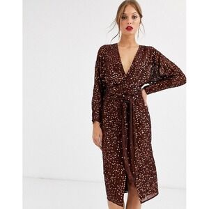 ASOS Burgundy Sequin Midi Dress V-Neck Long Sleeve Tie Waist